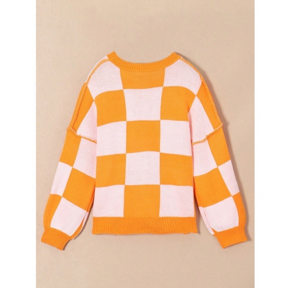 Checkers Orange White Oversized Knit Pullover Sweater - Picture 10 of 13